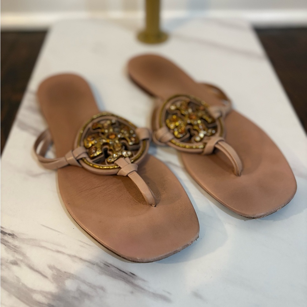 Tory Burch Plush Sandals with Medallion Ornament